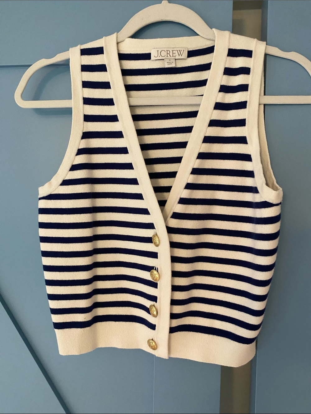 J. Crew Striped Knit Button Vest in Navy and White
